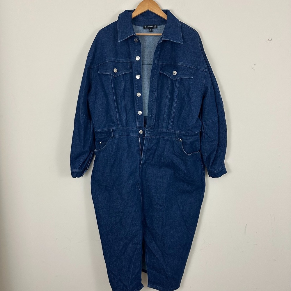 Eloquii Denim Jumpsuit Skirt Blue Cotton Stretch Button Front Womens 18